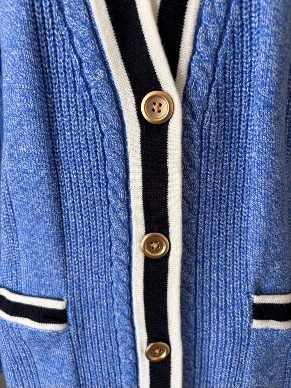 Talbots Light Blue V-Neck Button Cardigan with Black & Ivory Trim - Picture 3 of 7